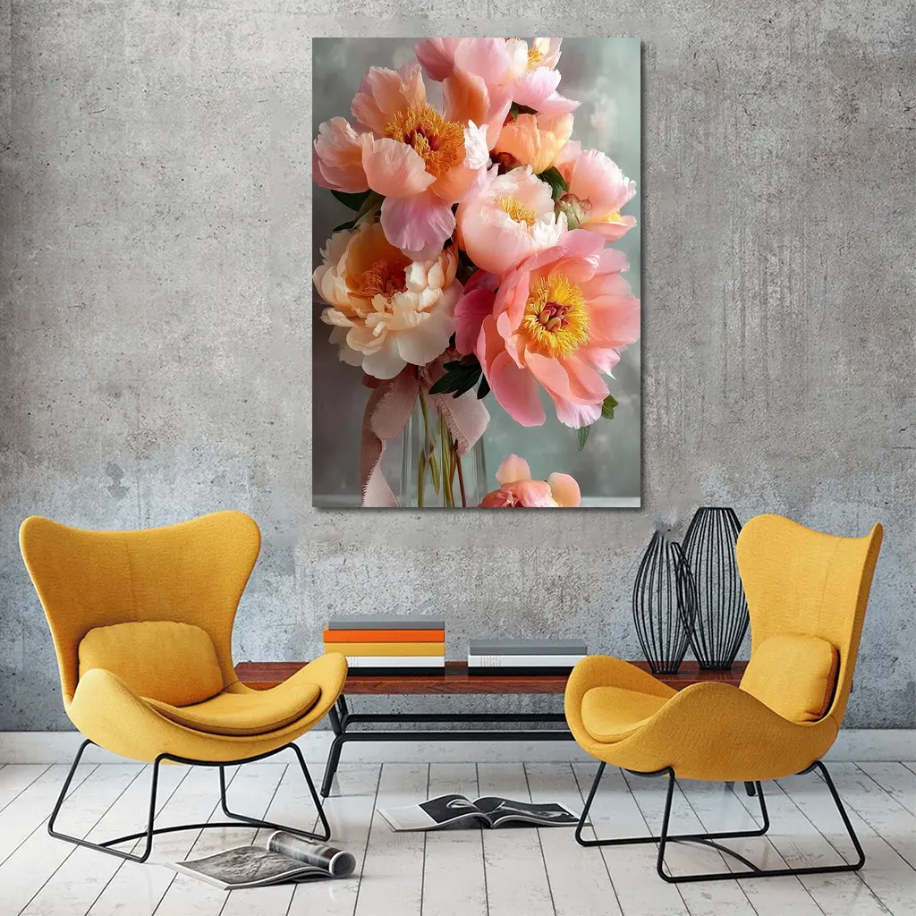Pink Peony Bouquet In Glass Vase – Wall Art