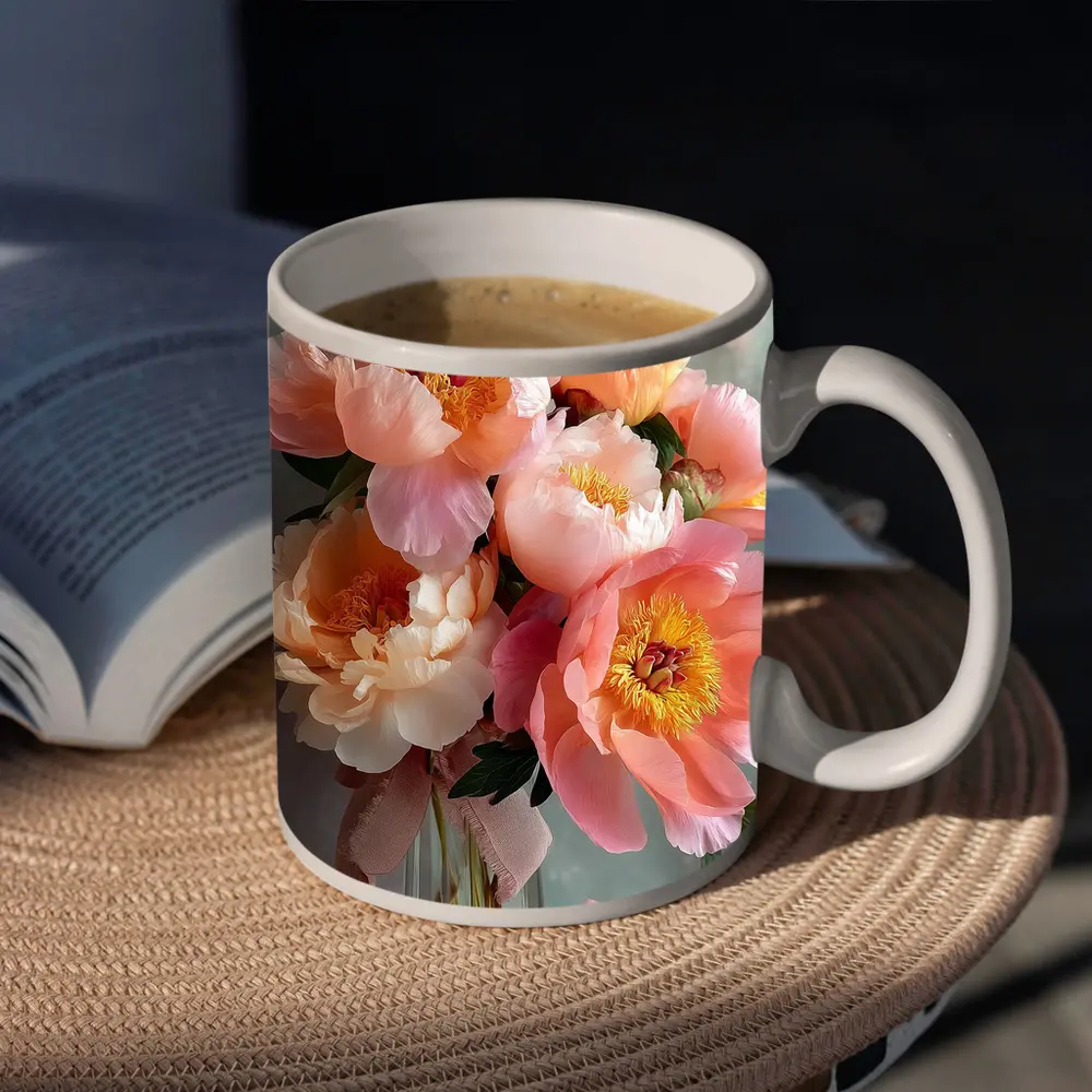 Pink Peony Bouquet In Glass Vase – Mugs