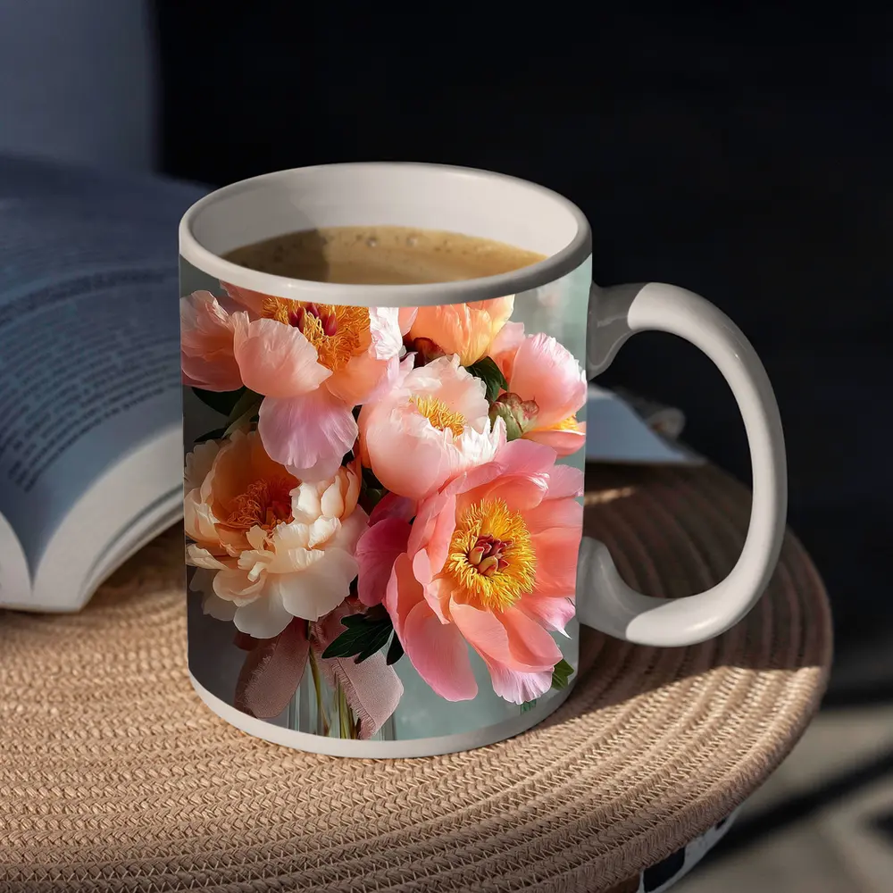 Pink Peony Bouquet In Glass Vase – Mugs