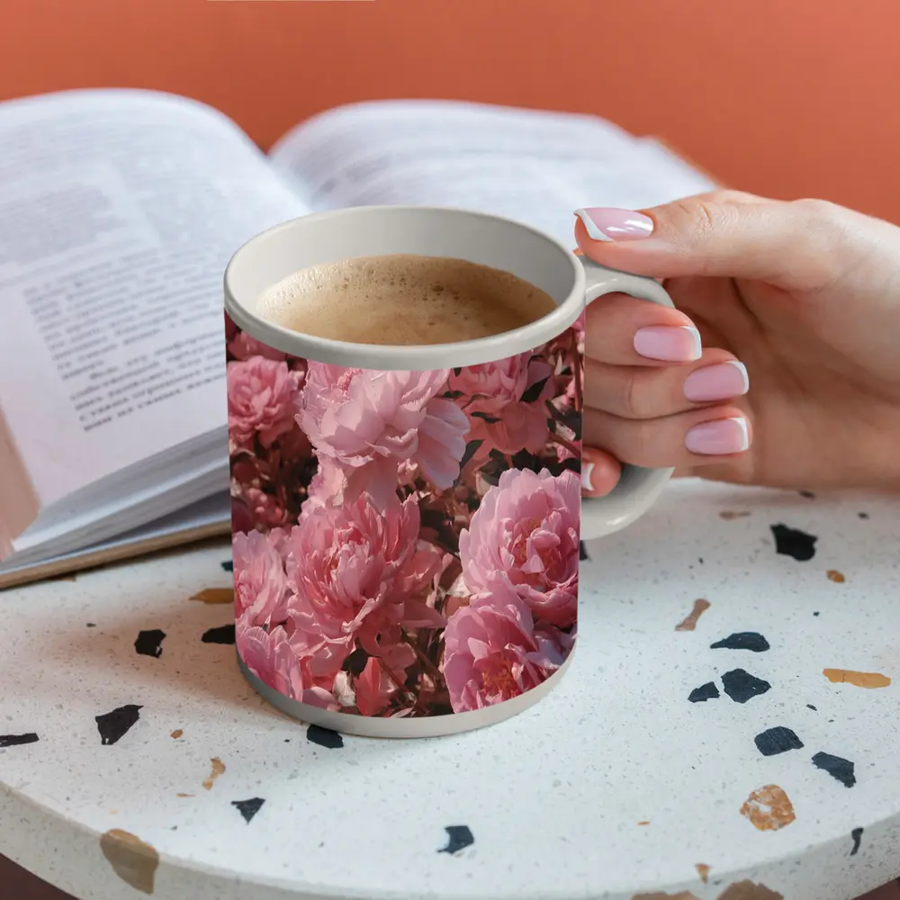 Pink Peonies Blooming In Soft Sunlight – Mugs