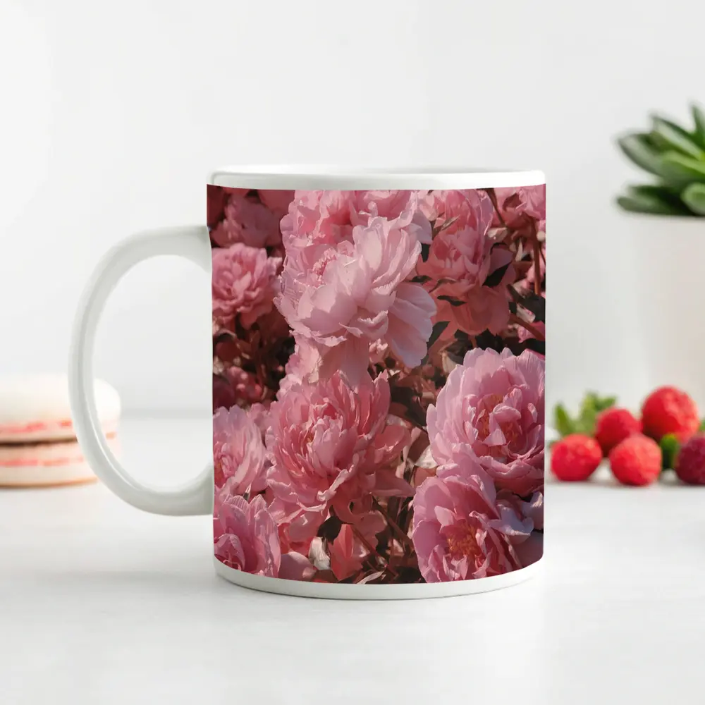 Pink Peonies Blooming In Soft Sunlight – Mugs