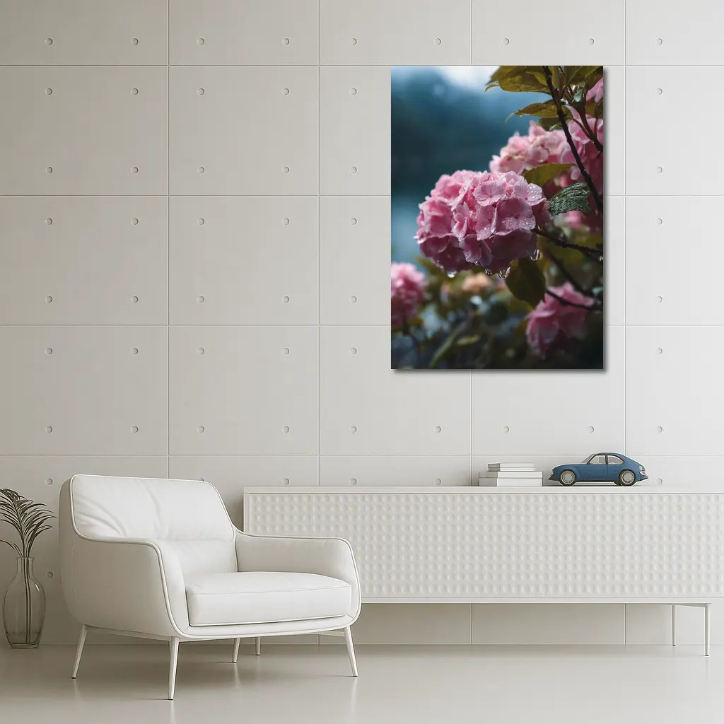Pink Hydrangeas With Rain Drops Moody – Wall Art