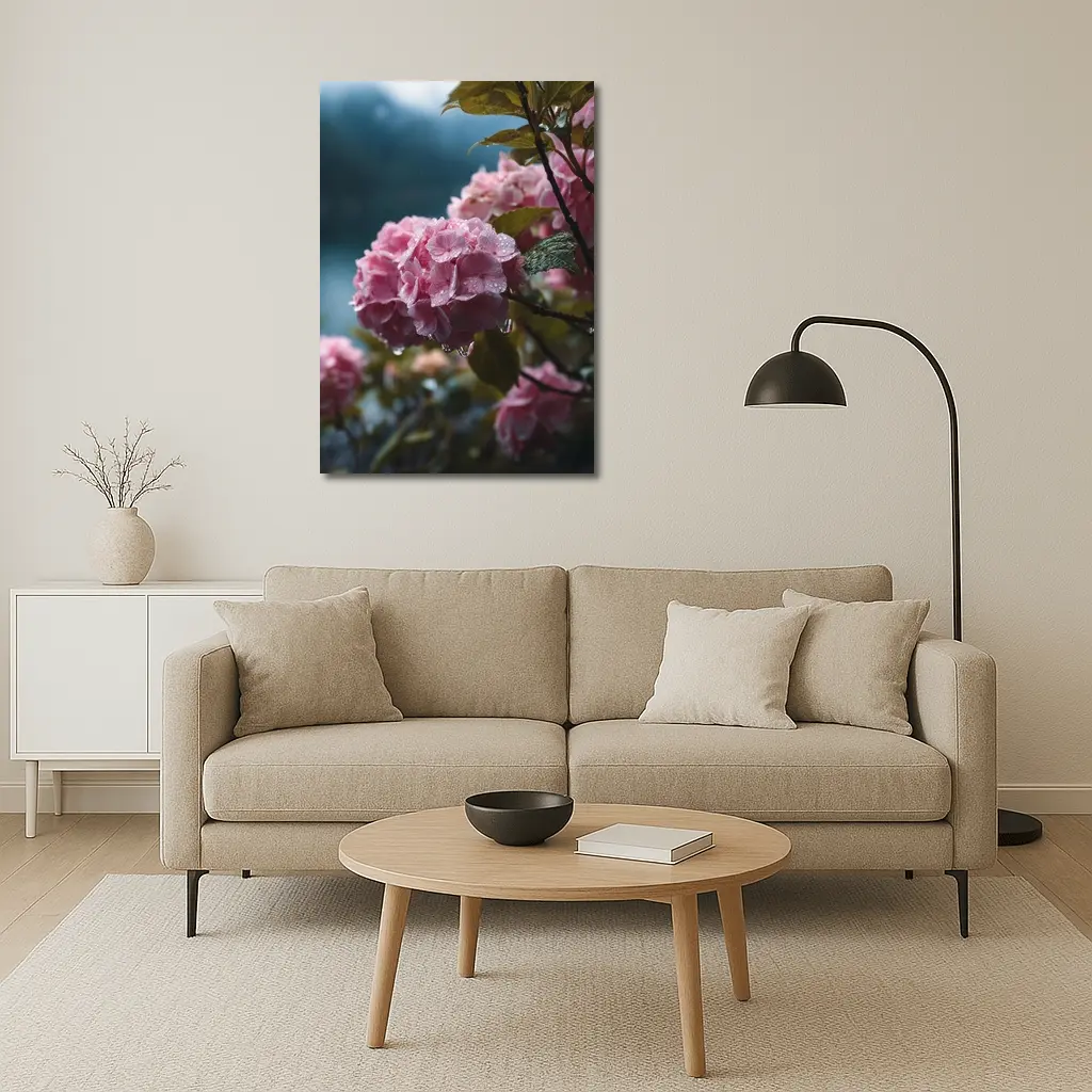 Pink Hydrangeas With Rain Drops Moody – Wall Art