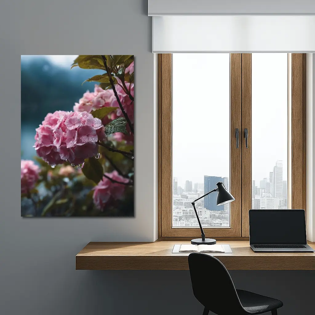 Pink Hydrangeas With Rain Drops Moody – Wall Art