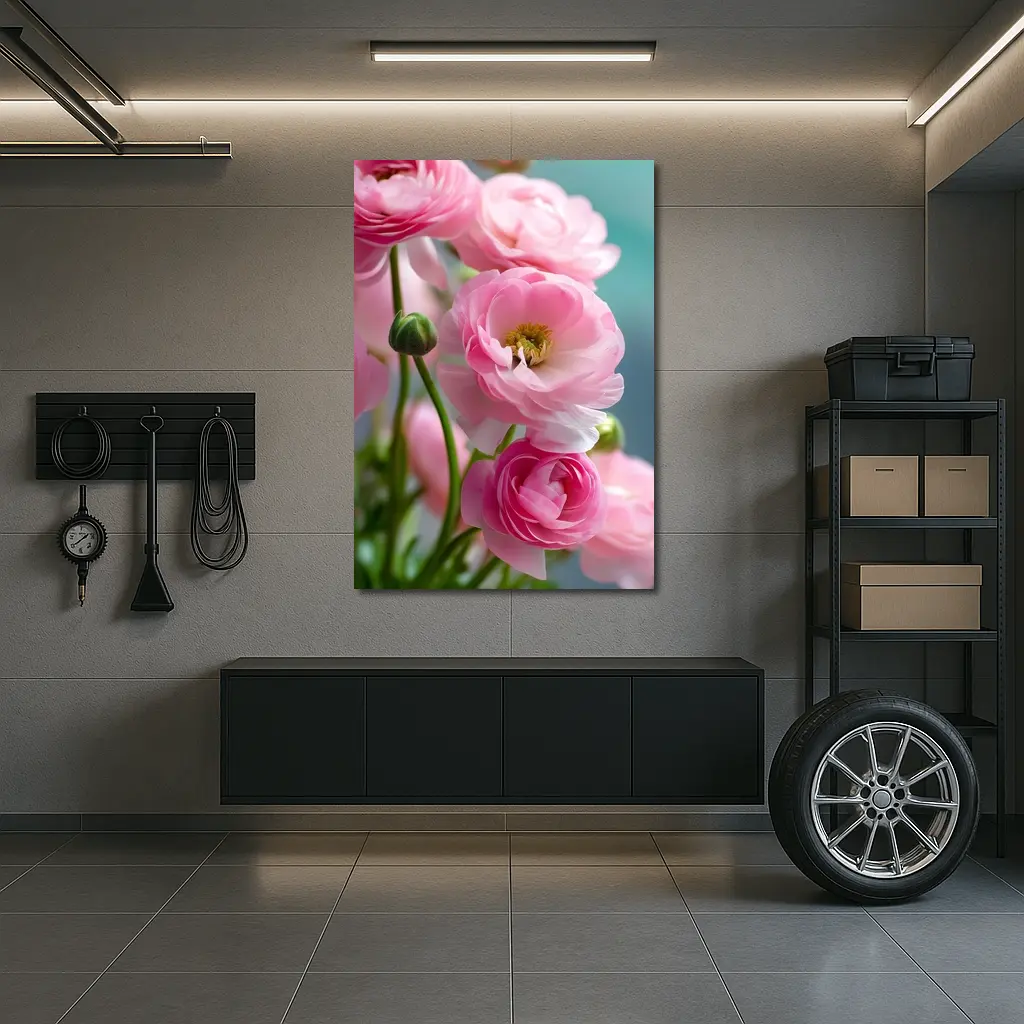 Pink Ranunculus Flowers Soft Blue Background – Wall Art