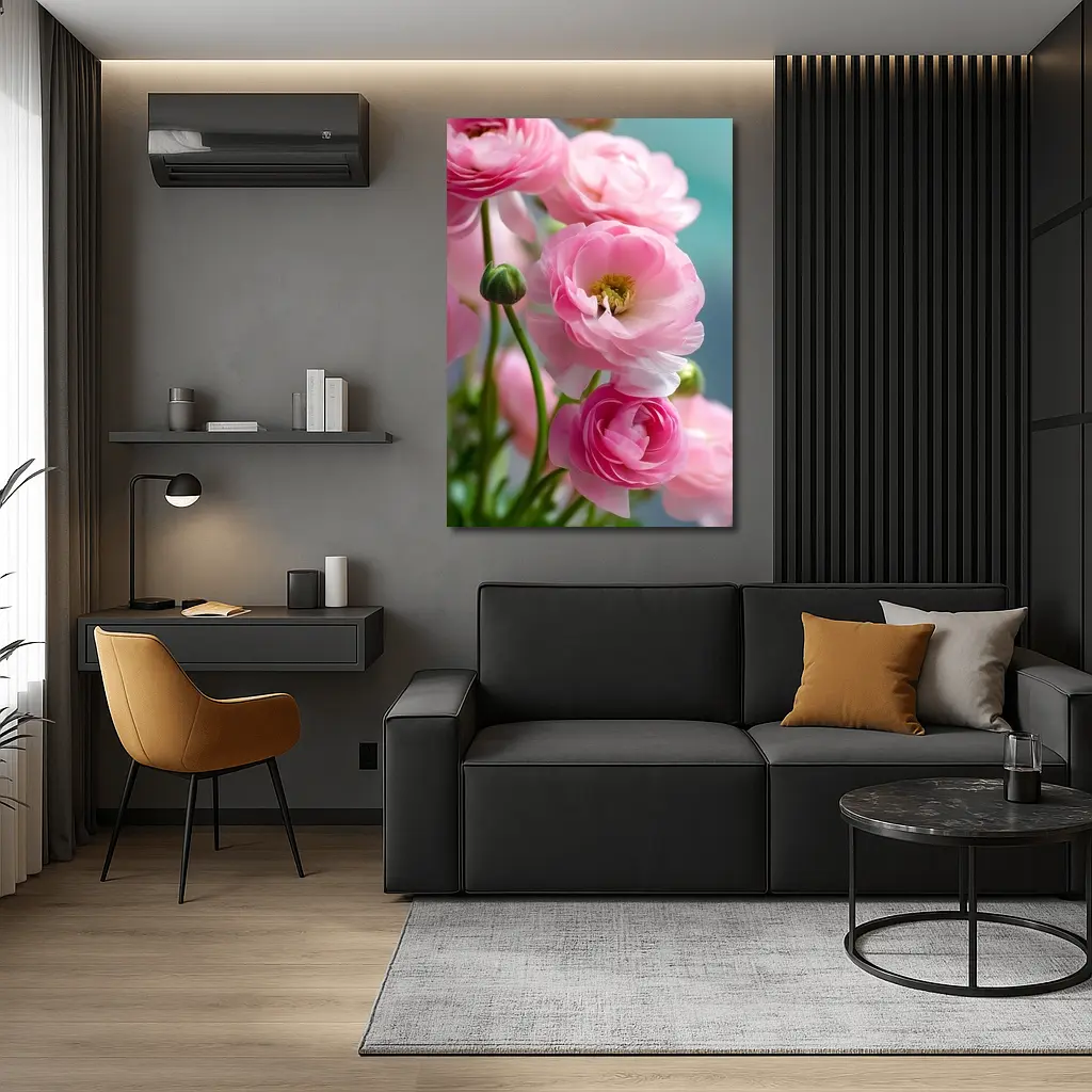 Pink Ranunculus Flowers Soft Blue Background – Wall Art