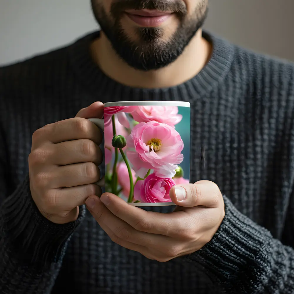 Pink Ranunculus Flowers Soft Blue Background – Mugs