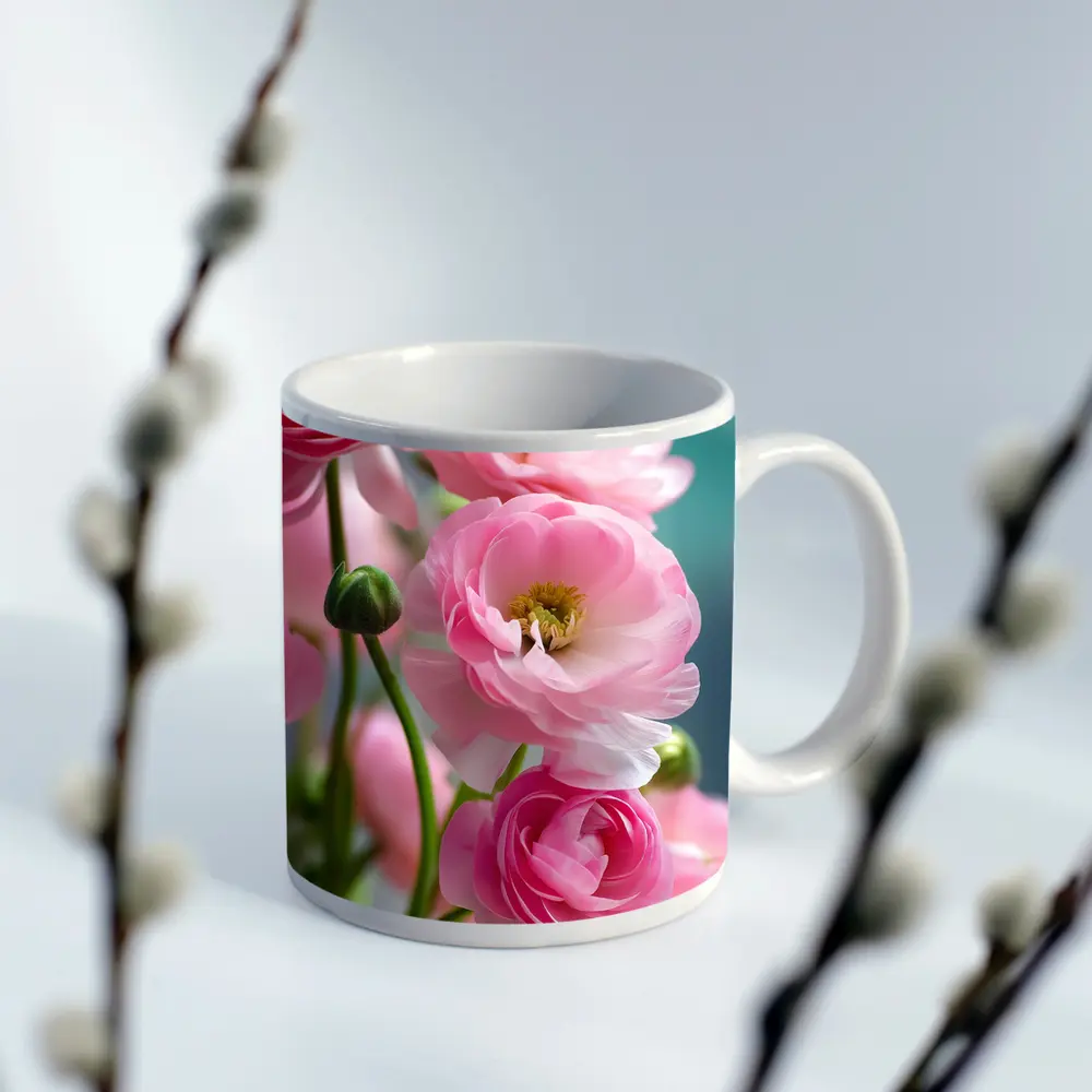 Pink Ranunculus Flowers Soft Blue Background – Mugs