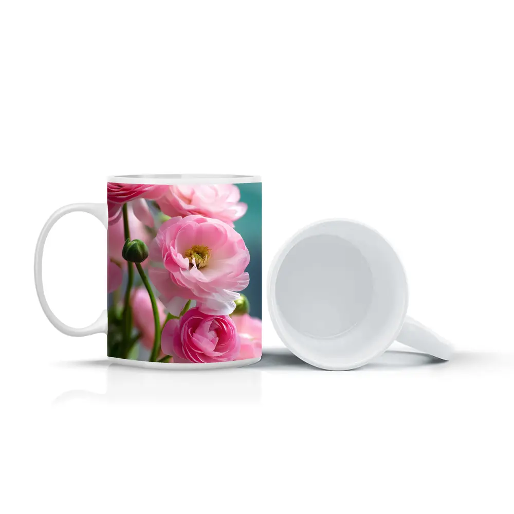 Pink Ranunculus Flowers Soft Blue Background – Mugs