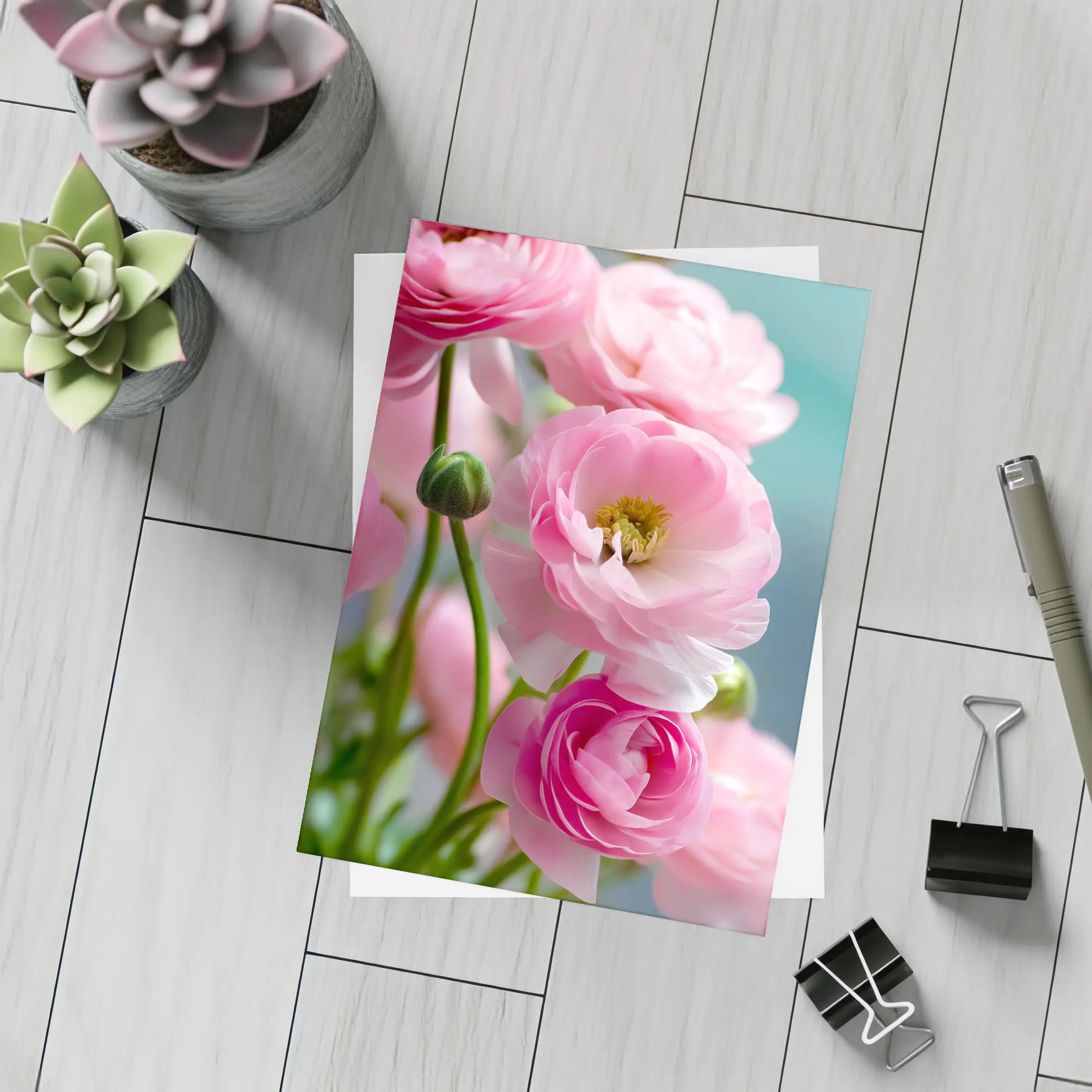 Pink Ranunculus Flowers Soft Blue Background – Postcards