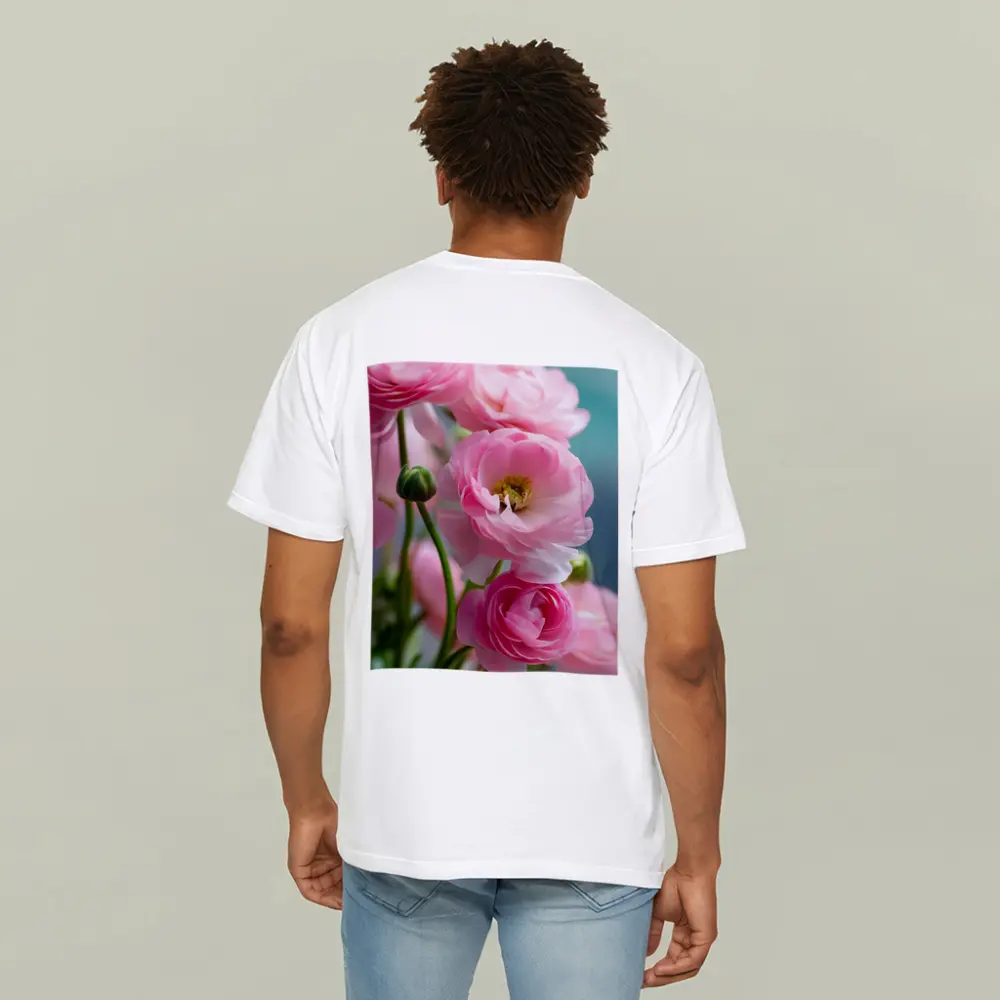 Pink Ranunculus Flowers Soft Blue Background – T-Shirts