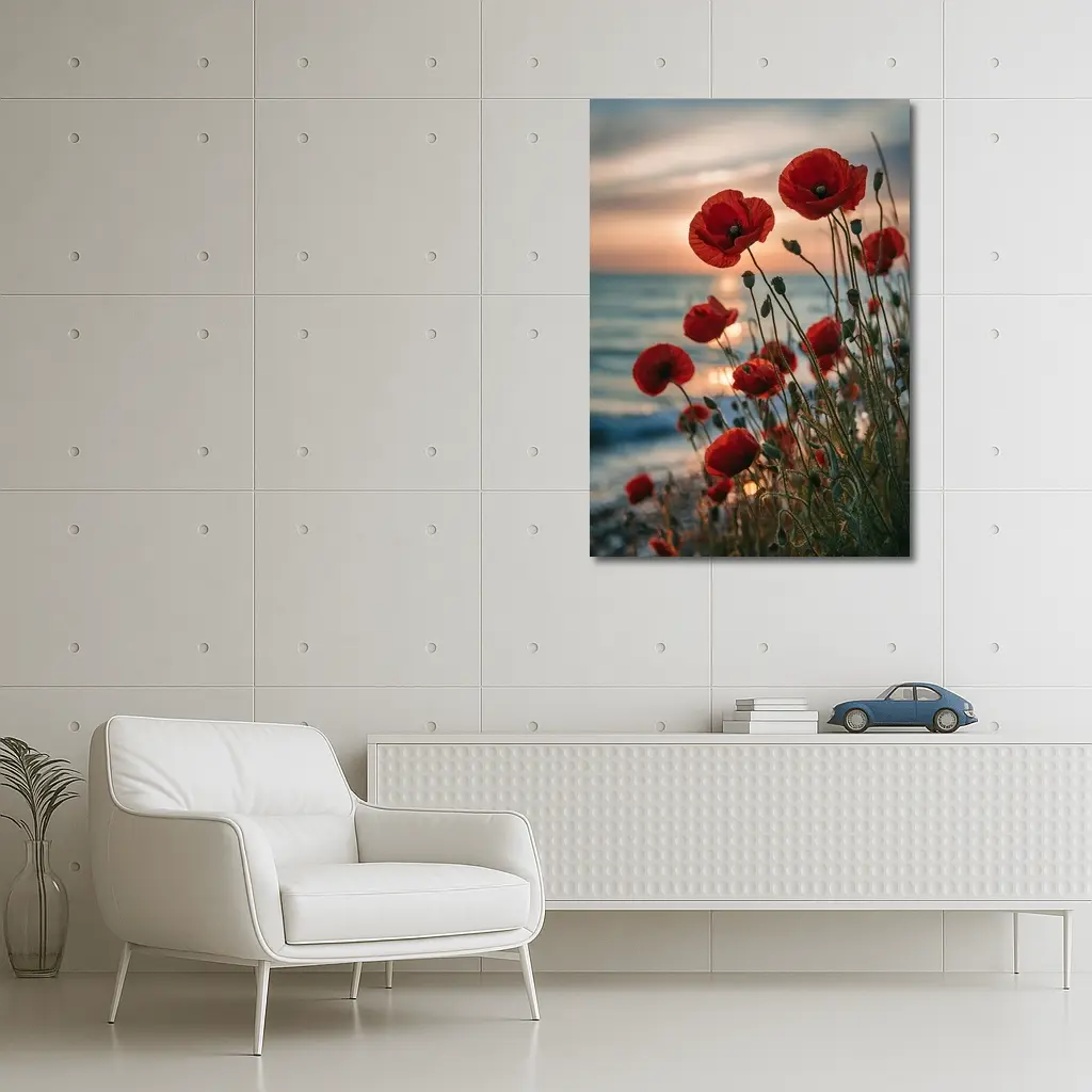 Red Poppies Blooming by Ocean Sunset – Wall Art