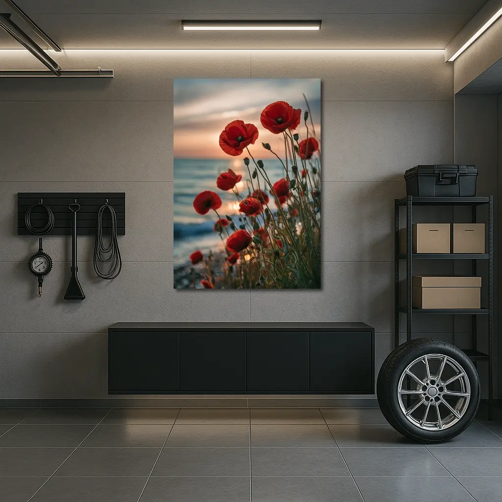 Red Poppies Blooming by Ocean Sunset – Wall Art