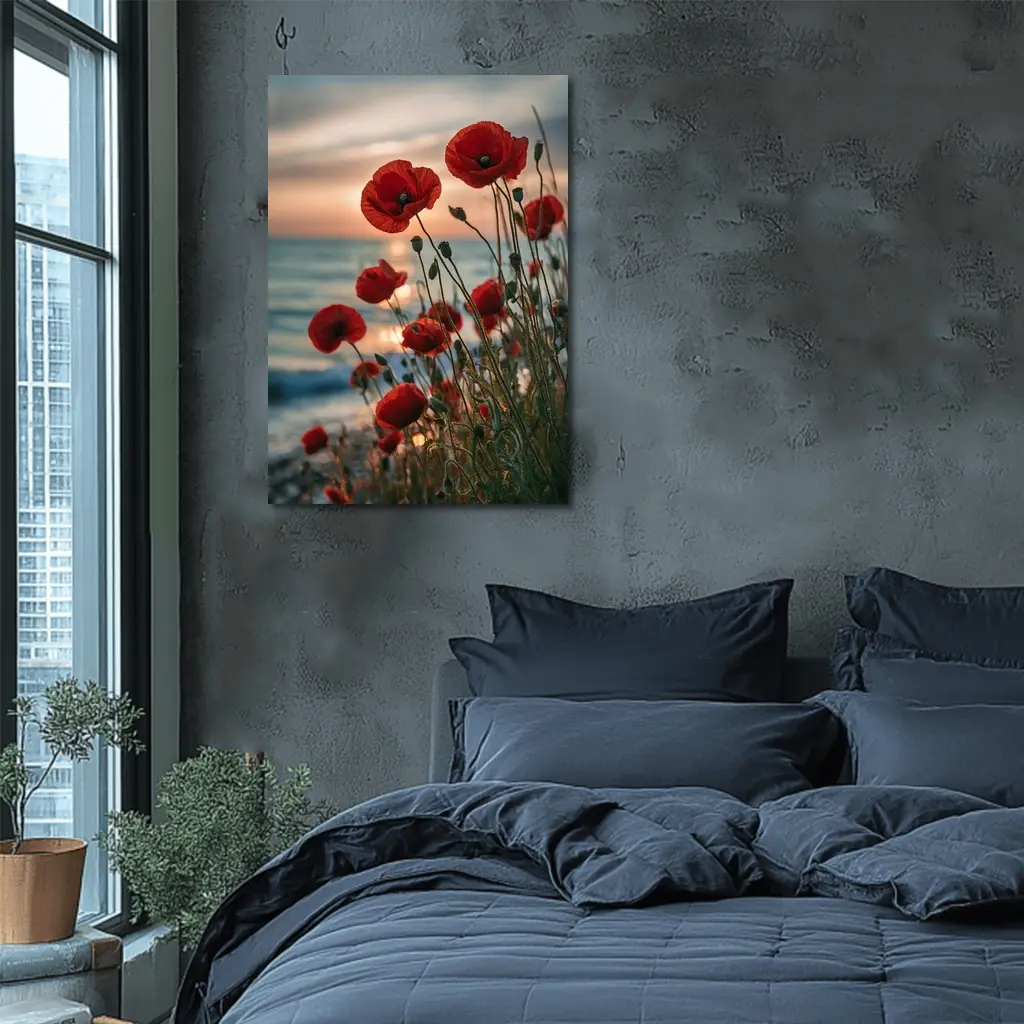Red Poppies Blooming by Ocean Sunset – Wall Art