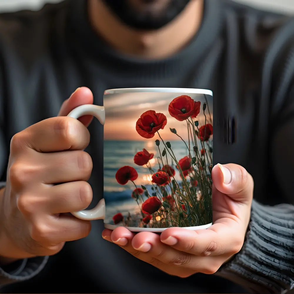 Red Poppies Blooming by Ocean Sunset – Mugs