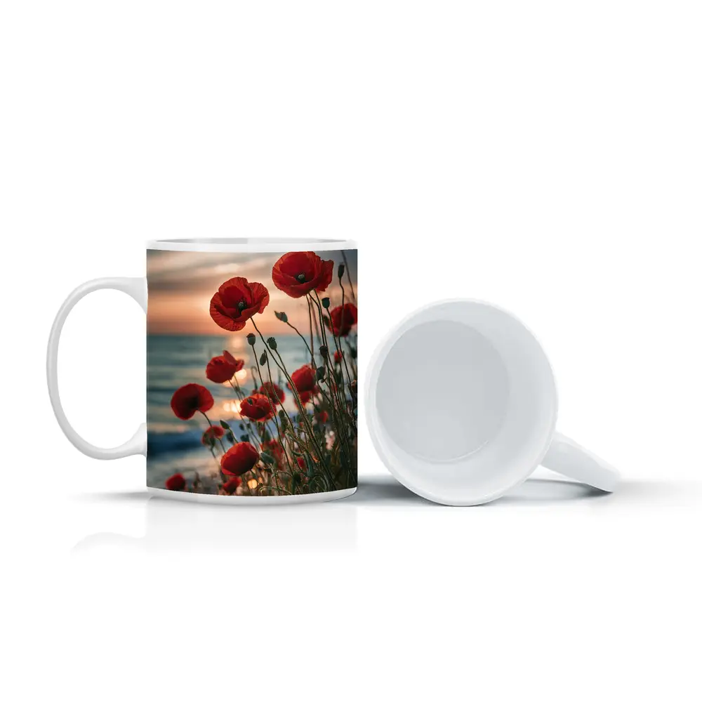 Red Poppies Blooming by Ocean Sunset – Mugs