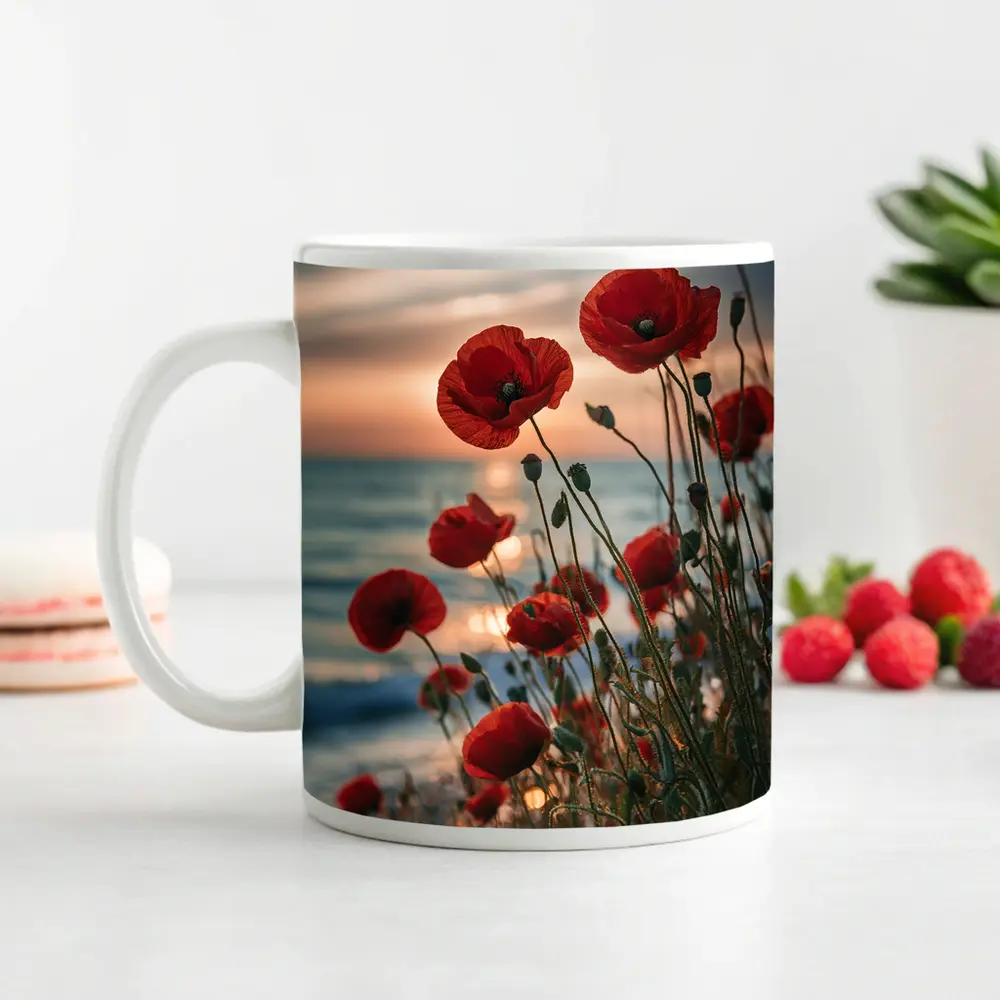 Red Poppies Blooming by Ocean Sunset – Mugs
