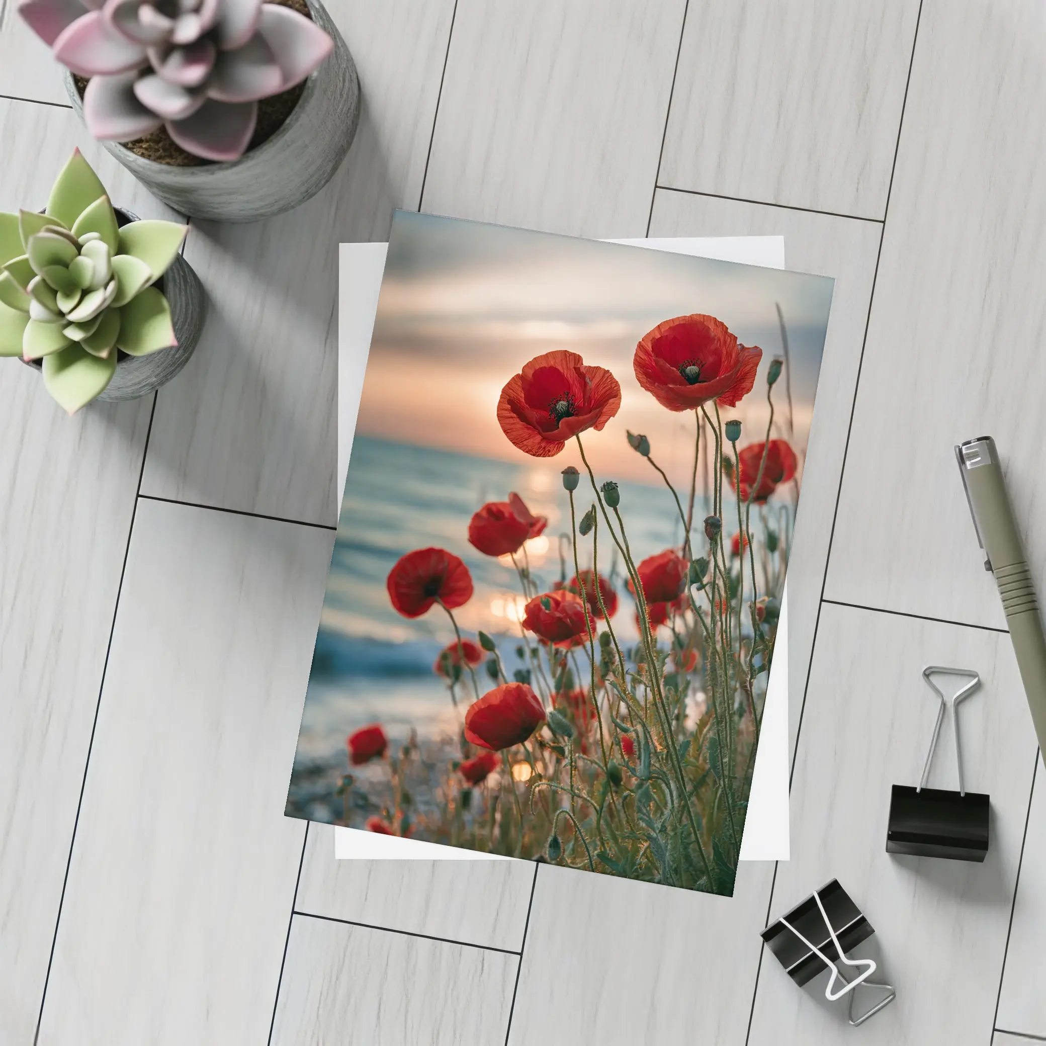 Red Poppies Blooming by Ocean Sunset – Postcards