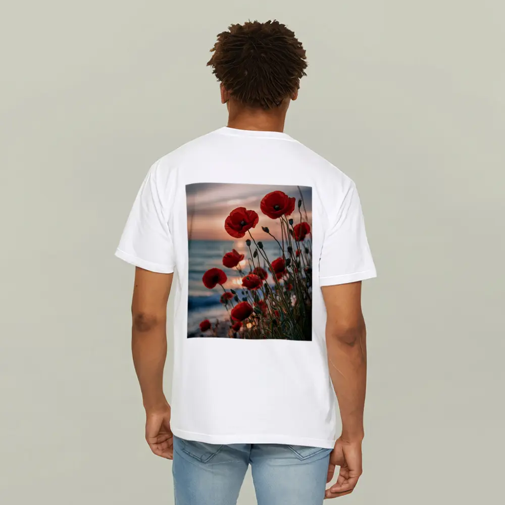 Red Poppies Blooming by Ocean Sunset – T-Shirts