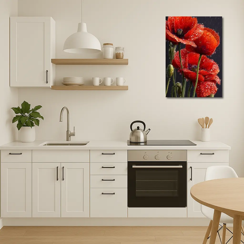 Red Poppies With Rain Drops Dark Background – Wall Art
