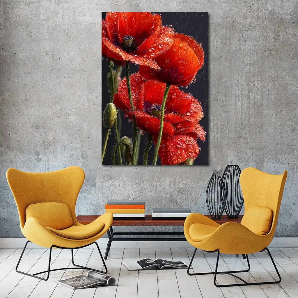 Red Poppies With Rain Drops Dark Background – Wall Art