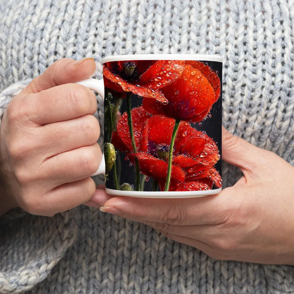 Red Poppies With Rain Drops Dark Background – Mugs