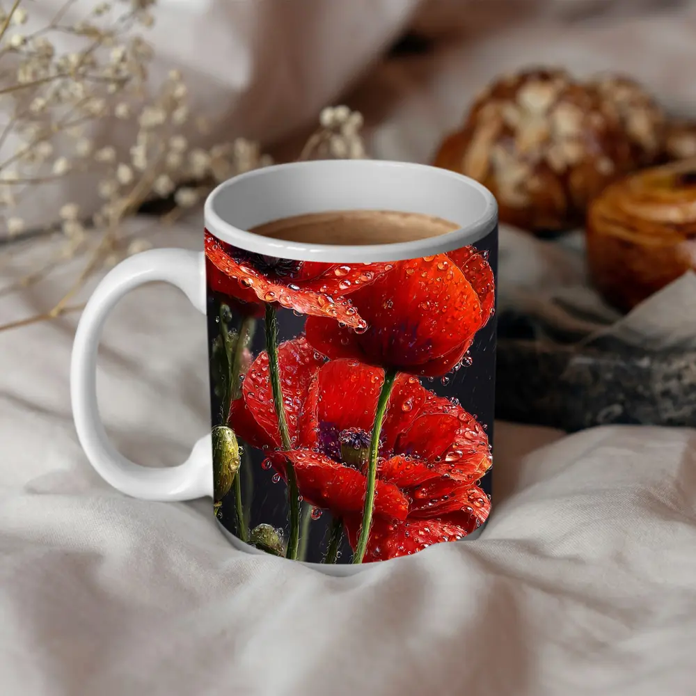 Red Poppies With Rain Drops Dark Background – Mugs