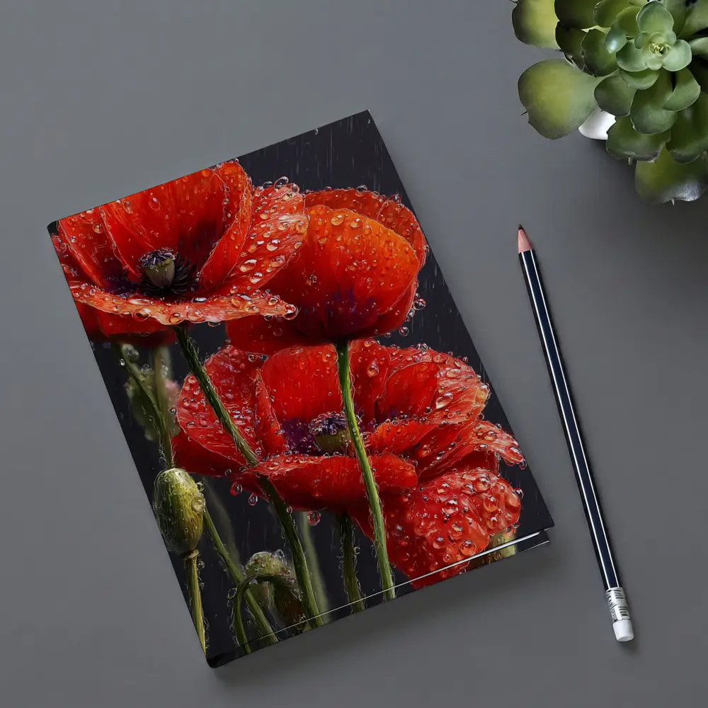 Red Poppies With Rain Drops Dark Background – Notebooks