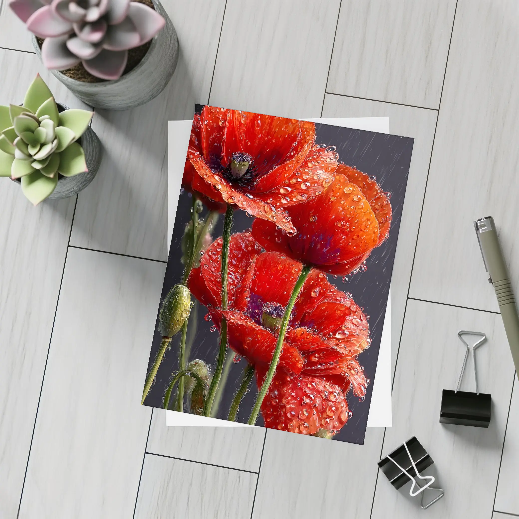 Red Poppies With Rain Drops Dark Background – Postcards