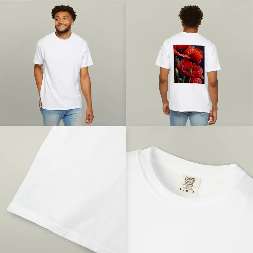Red Poppies With Rain Drops Dark Background – T-Shirts