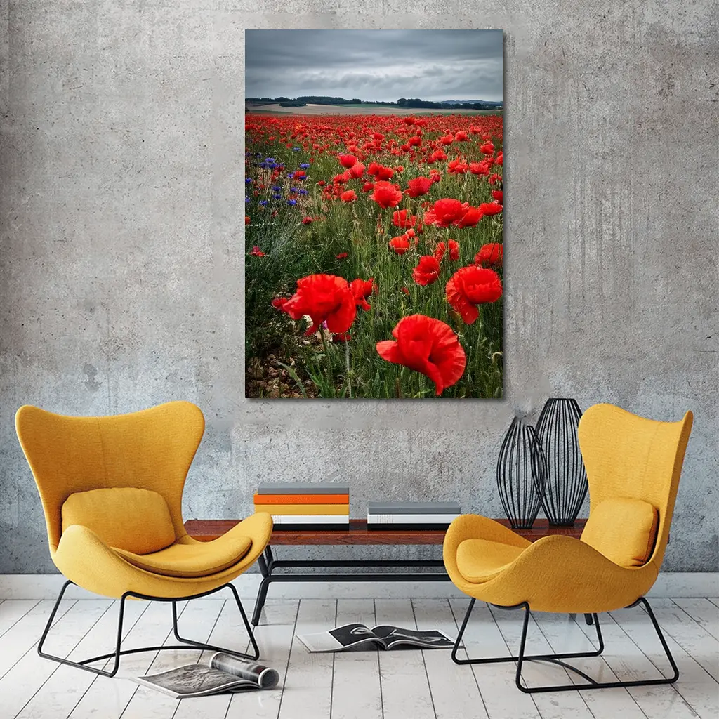 Red Poppies Field Under Cloudy Sky – Wall Art