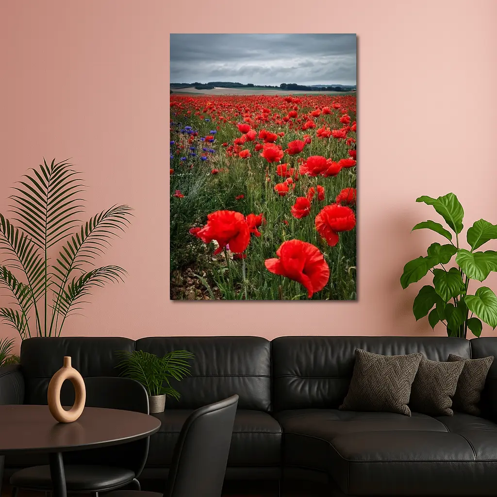 Red Poppies Field Under Cloudy Sky – Wall Art