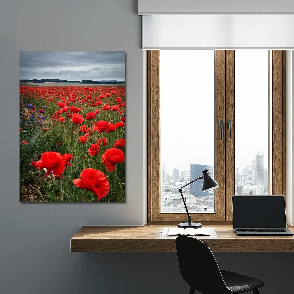 Red Poppies Field Under Cloudy Sky – Wall Art