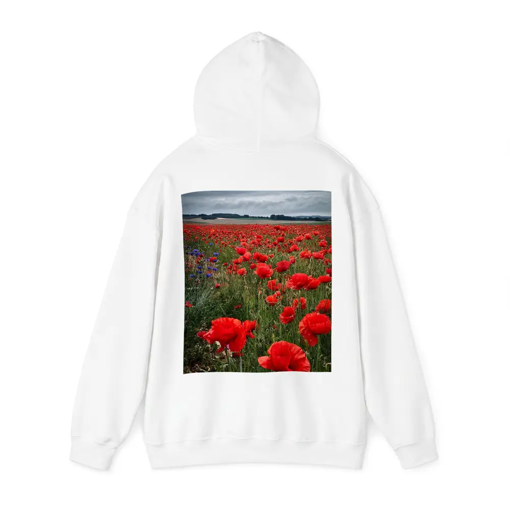Red Poppies Field Under Cloudy Sky – Hoodies