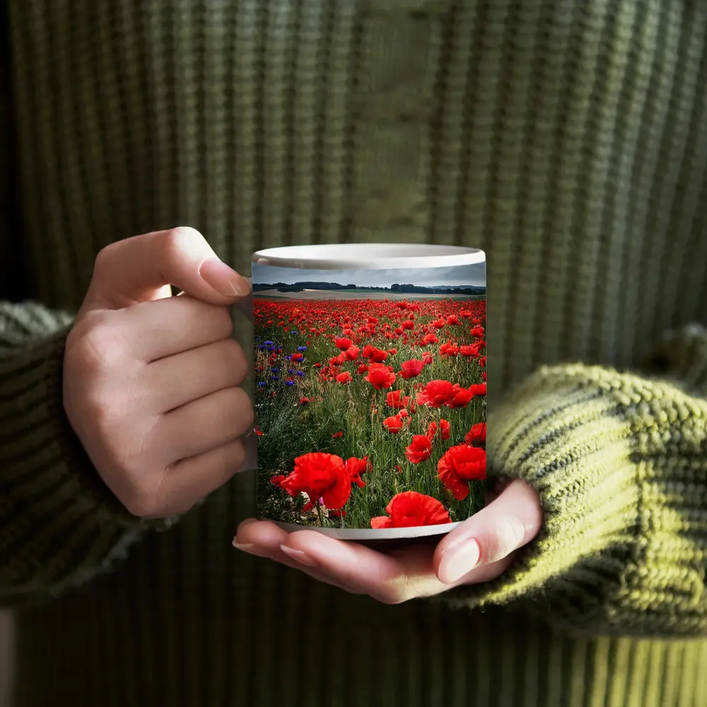 Red Poppies Field Under Cloudy Sky – Mugs