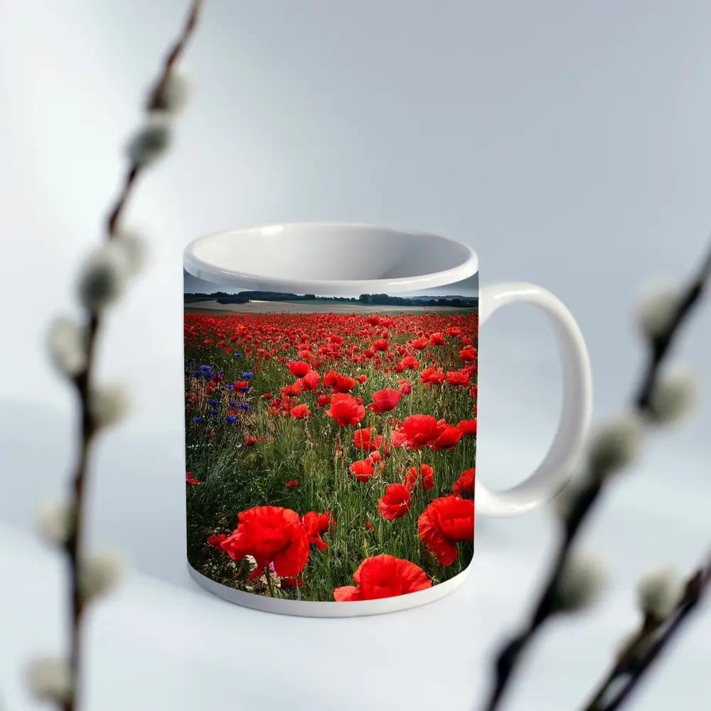 Red Poppies Field Under Cloudy Sky – Mugs