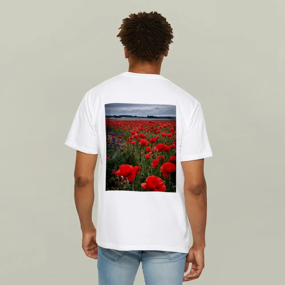Red Poppies Field Under Cloudy Sky – T-Shirts