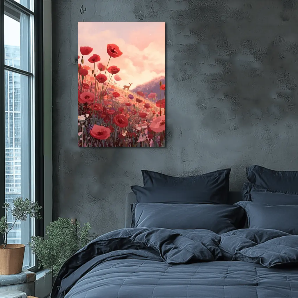 Red Poppies Field Deer Sunset Illustration – Wall Art