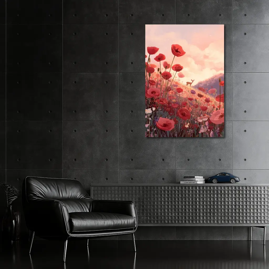 Red Poppies Field Deer Sunset Illustration – Wall Art