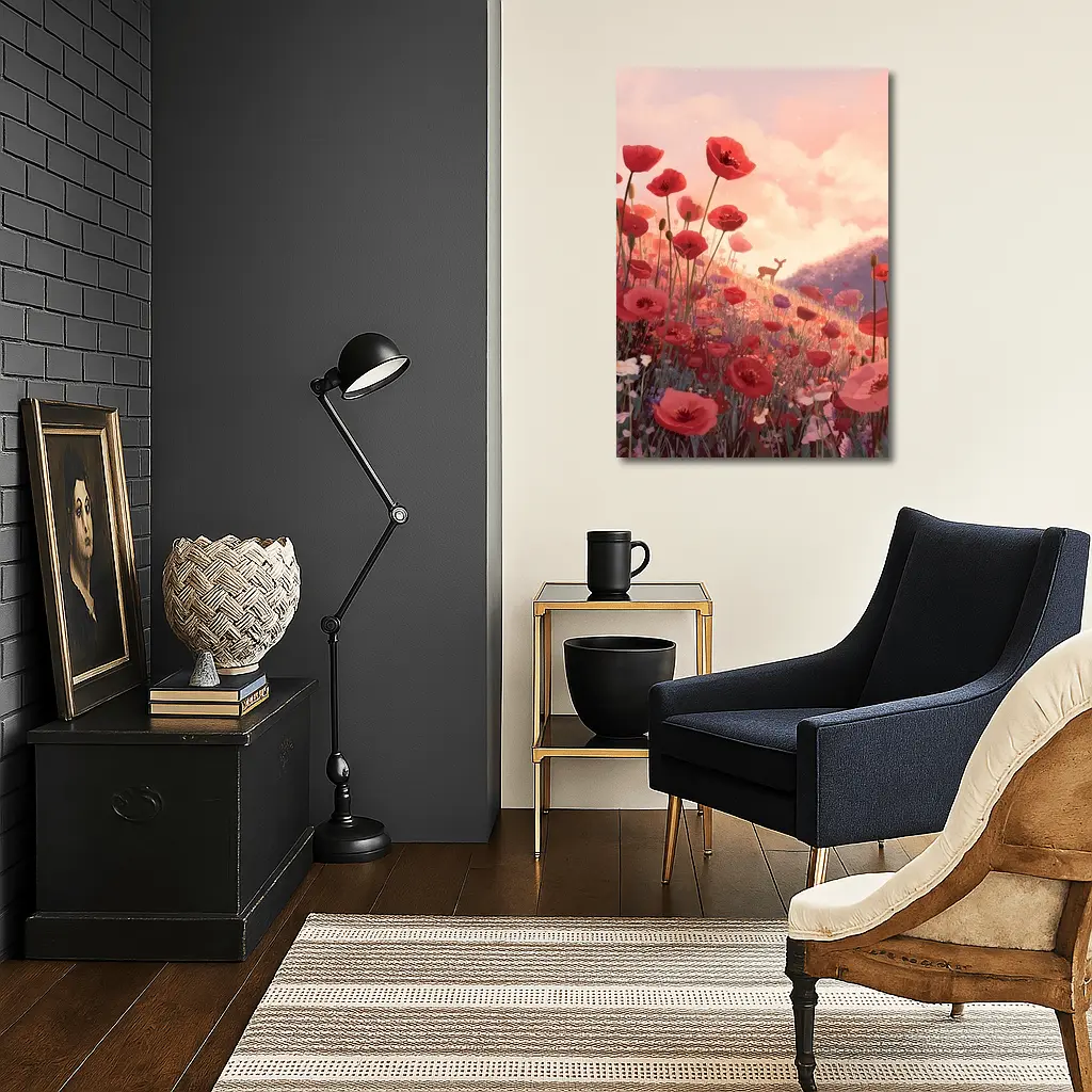 Red Poppies Field Deer Sunset Illustration – Wall Art