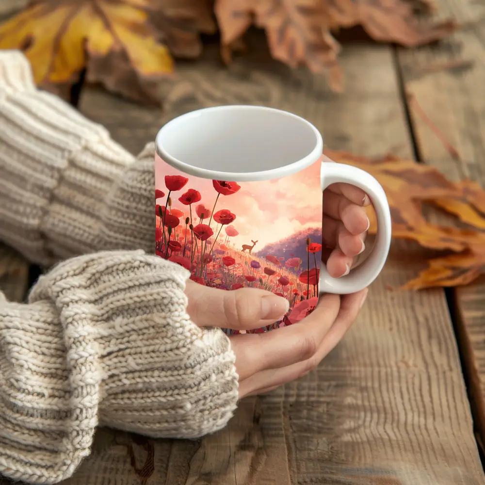 Red Poppies Field Deer Sunset Illustration – Mugs