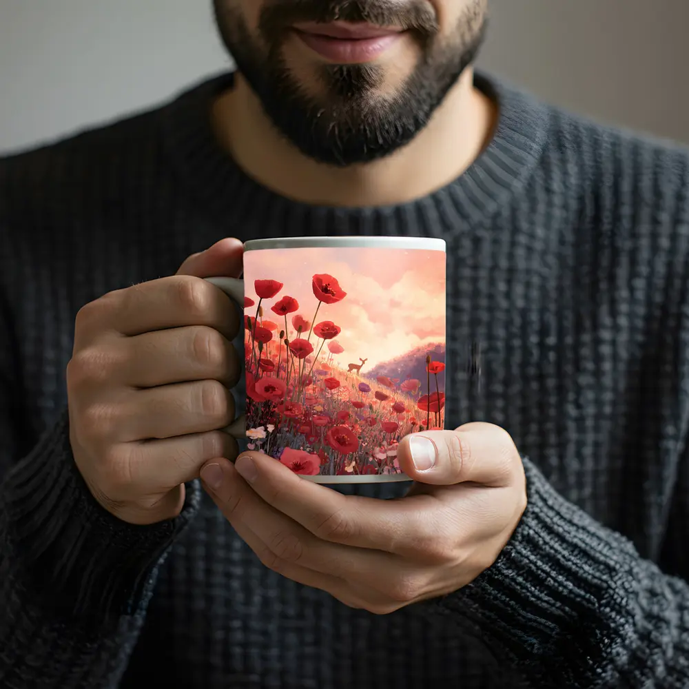 Red Poppies Field Deer Sunset Illustration – Mugs