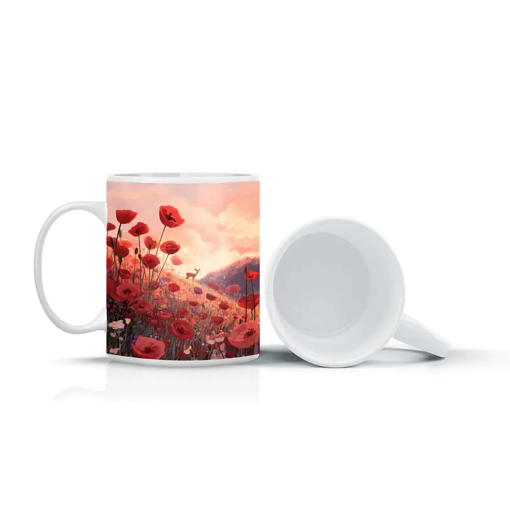 Red Poppies Field Deer Sunset Illustration – Mugs