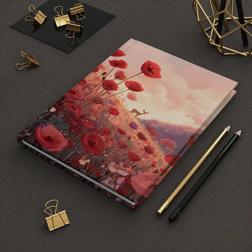Red Poppies Field Deer Sunset Illustration – Notebooks