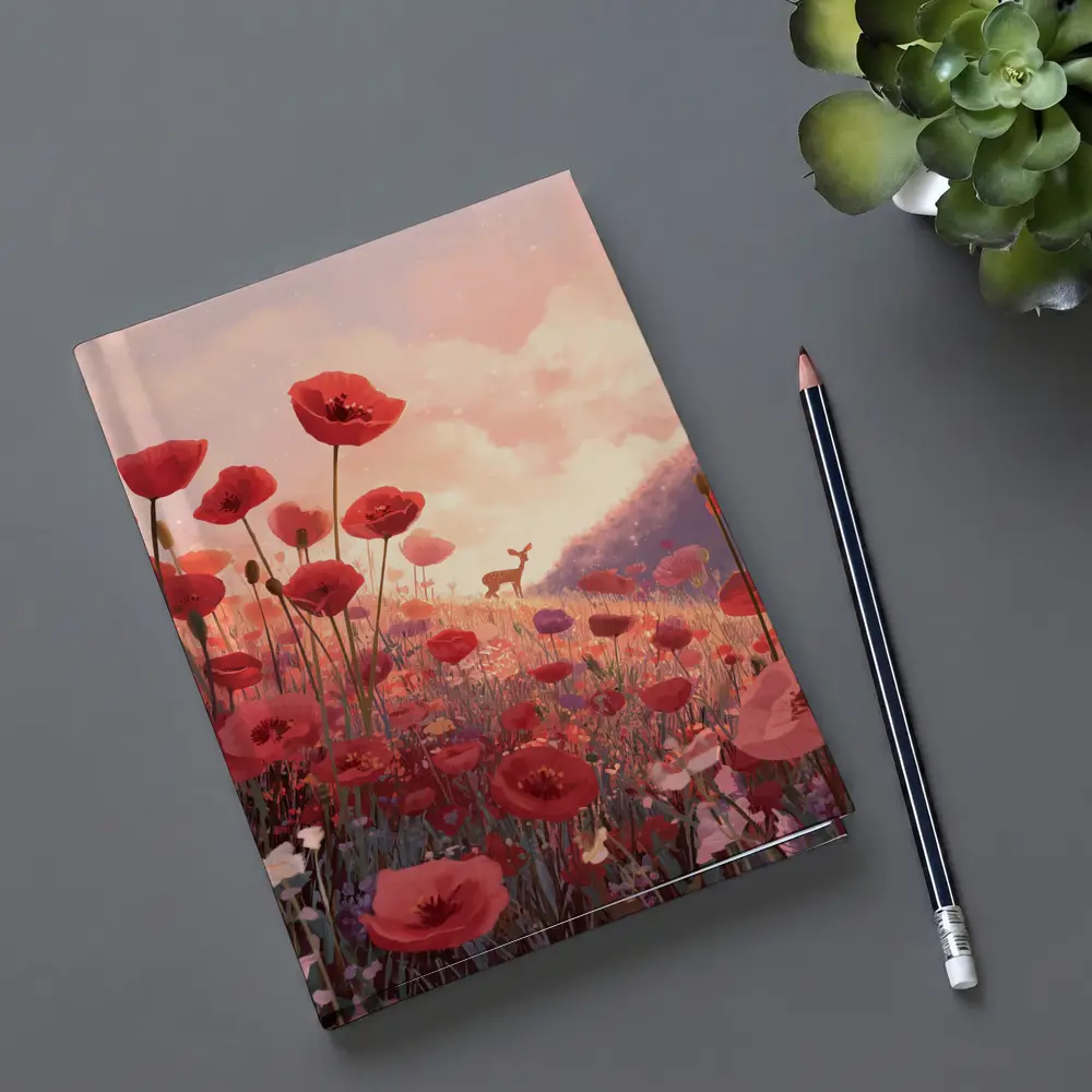 Red Poppies Field Deer Sunset Illustration – Notebooks