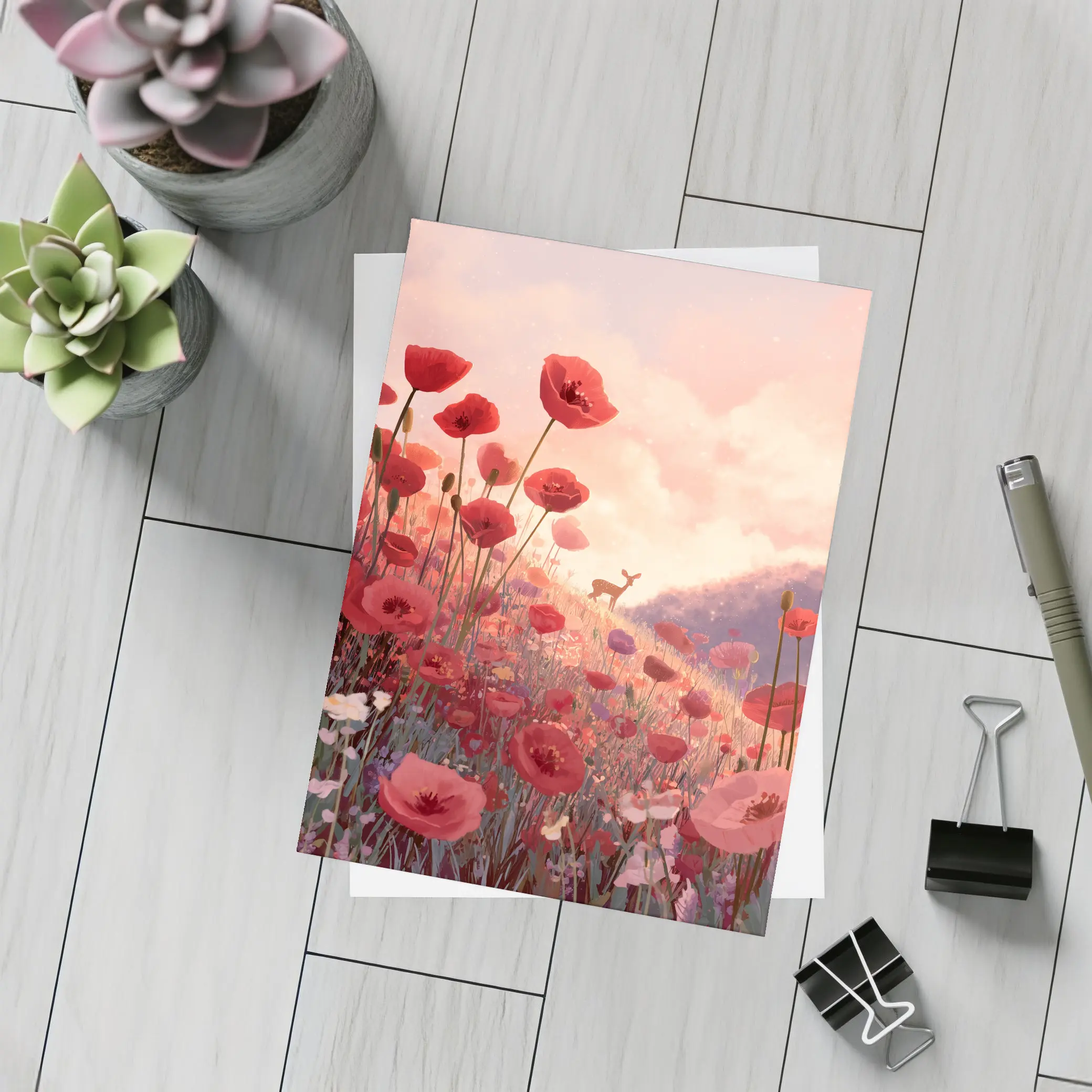 Red Poppies Field Deer Sunset Illustration – Postcards