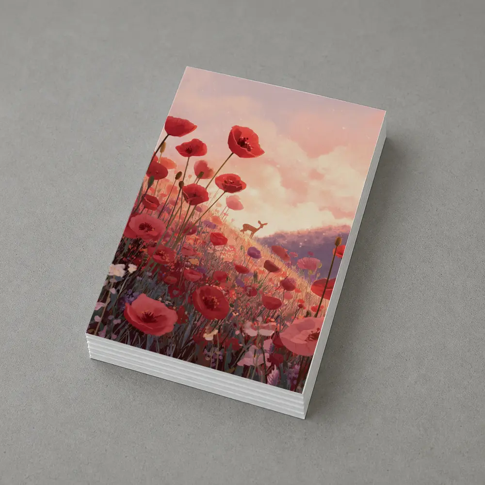 Red Poppies Field Deer Sunset Illustration – Postcards