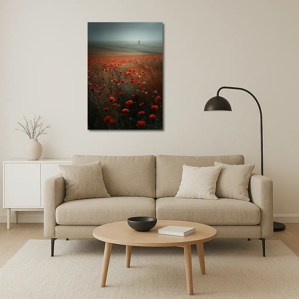 Red Poppies Field Misty Countryside Landscape – Wall Art