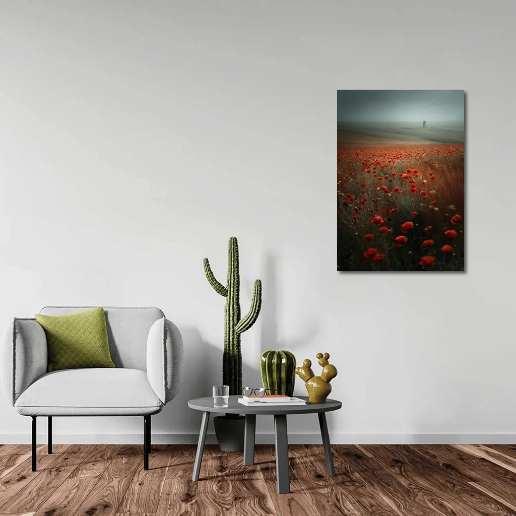 Red Poppies Field Misty Countryside Landscape – Wall Art