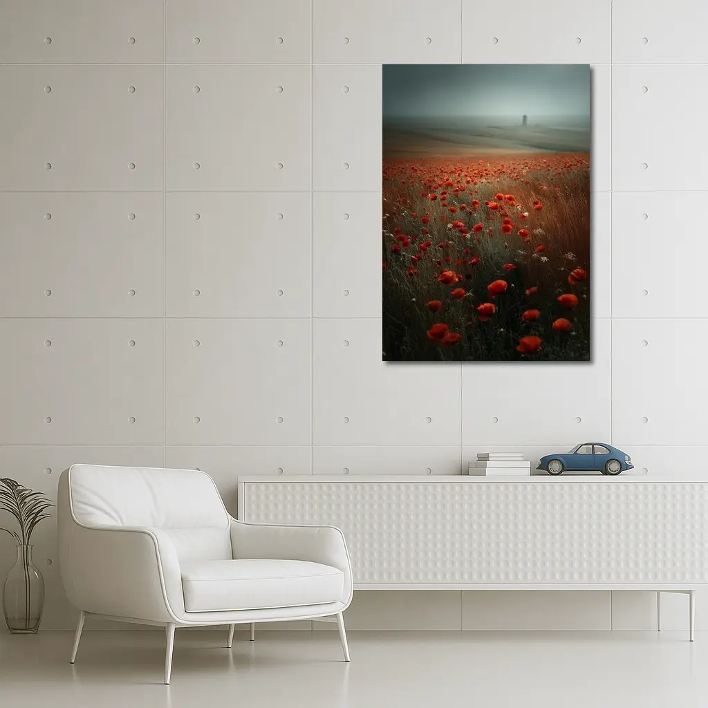 Red Poppies Field Misty Countryside Landscape – Wall Art